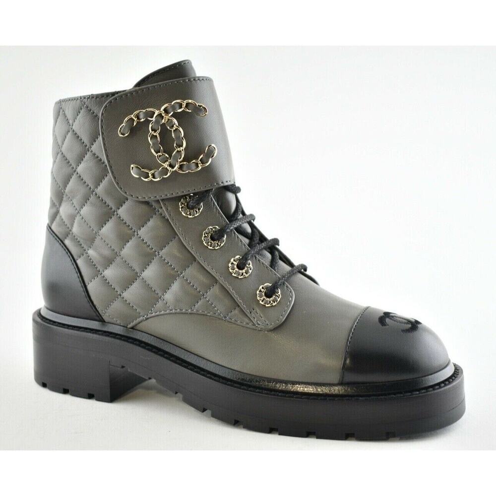 Chanel 21A Grey Black Quilted CC Chain Combat Lace Up Tie Ankle Short Boots 37 - Picture 2 of 11